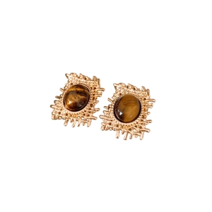 Vintage gold textured oval tiger eye stone stud earrings with French silver needle