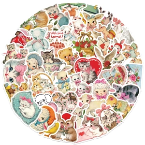 Detailed close-up of assorted vintage cartoon animal stickers in retro mid-century art style