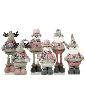 Pink and grey Christmas plush figurines set featuring Santa, snowmen, and reindeer models