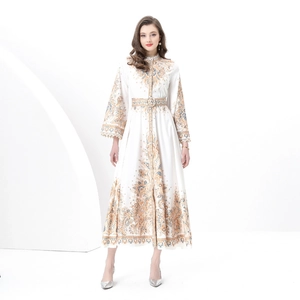 Retro floral long dress with stand collar and waist belt for 2025 spring resort look