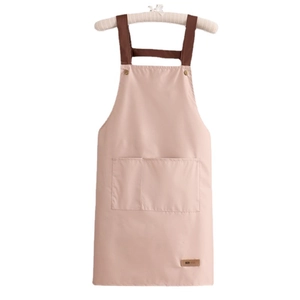 Waterproof pink polyester apron with brown H-shaped straps and a large front pocket