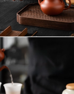 Detail of ash glazed ceramic tea jar and hand-carved wood tray with Zen style textures