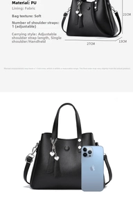 Tableau détaillé des tailles du sac en PU noir de 27x21x13cm avec échelle de smartphone