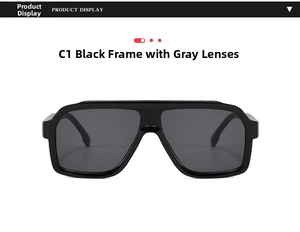 Detail view of vintage square aviator sunglasses with black frame and gray lenses C1