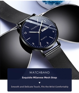 Macro view of blue dial quartz watch with black Milanese strap and date display