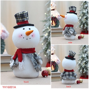 Detailed views of a plush snowman doll with a checkered vest and red scarf from three angles
