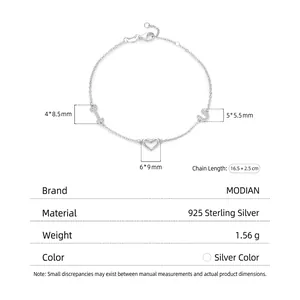 Elegant S925 sterling silver chain bracelet with I heart U letter pendants and 1.56g weight