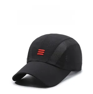 Detail of black breathable quick-dry baseball cap with red stripes and side mesh panels