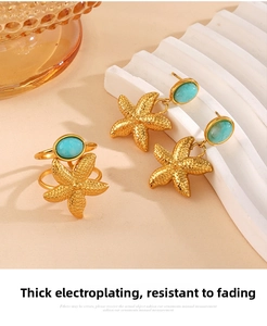 Detail view of golden starfish jewelry set with turquoise stone on white display