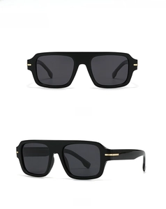 Front and 45-degree side views of black square sunglasses with gold stripe accents