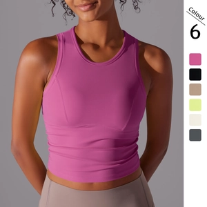 Débardeur de Sport Ajusté pour Femme Couleur Unie Col Rond Froncé pour Yoga et Course à Pied