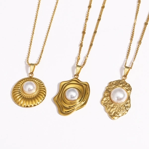 Three 18K gold stainless steel necklaces featuring pearl pendants with unique textures
