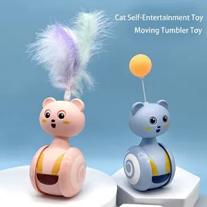 Interactive tumbler cat toys with feathers and spring balls in pink and blue colors