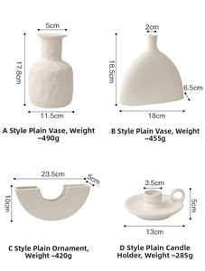 Detailed size specifications for minimalist white ceramic vases and art decor set