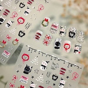 Adesivi Unghie 3D Natale Gatto Cartone Animato Pupazzo Neve Corona Cuore Decalcomanie Autoadesive Decorazione Unghie Inverno