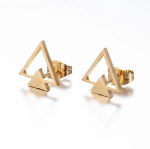 Minimalist gold hollow triangle geometric earrings for women on a clean white background