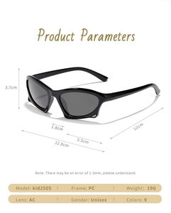 Detailed size specifications for kids futuristic sunglasses with PC frame and AC lenses