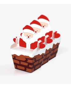 Three cute Santa climbing chimney candy gift boxes with red hats and brick textures