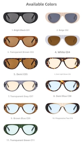 Detailed color chart of vintage wide-frame sunglasses in 11 different jelly and leopard styles