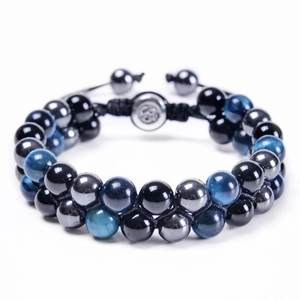 Zweilagiges blaues Tigerauge- und Hämatit-Perlenarmband mit verstellbarer Kordel