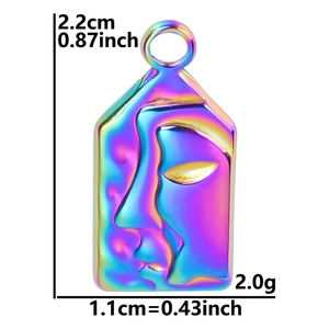 Rainbow stainless steel abstract face pendant showing exact dimensions and weight details