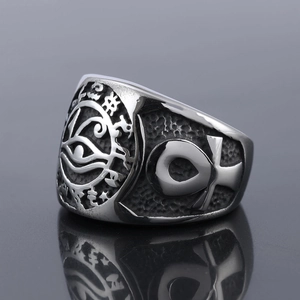 Vintage stainless steel ring featuring Eye of Horus and Ankh Cross with silver finish