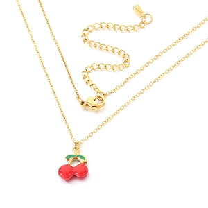 Golden stainless steel necklace featuring cute red and green enamel cherry pendant design