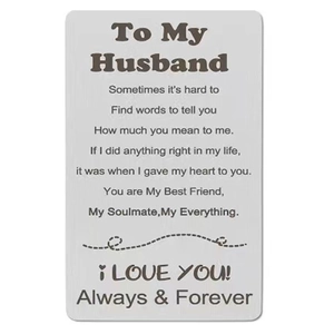 Custom engraved stainless steel wallet insert card for husband with sentimental message