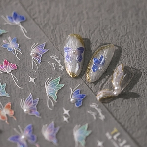 5D Embossed Butterfly Nail Art Stickers Holographic Adhesive Decals With Faux Artificial Pearls DIY Manicure Decoration For Women