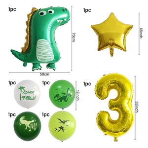 Detailed view of green dinosaur and number 3 foil balloons for jungle party decoration