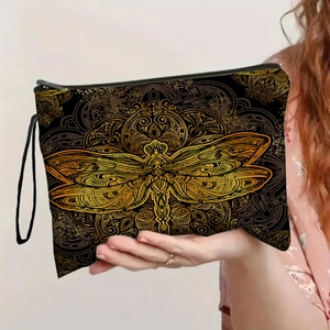 Dragonfly print makeup bag with gold mandala pattern and convenient wrist strap