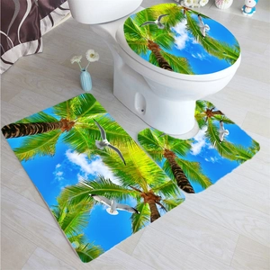 Three-piece tropical beach bath mat set with coconut trees and ocean scenery