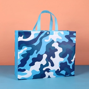 Blue camouflage thick non-woven tote bag with handle and secure button closure