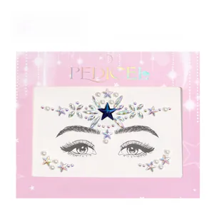 Detailed view of iridescent star face jewels and blue gems in pink galaxy packaging