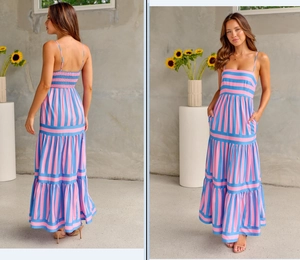 Detail view of the striped backless maxi dress with elastic smocking and floral print