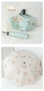 Detail view of foldable Capybara umbrella showing closed green case and open white canopy