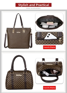 Detail view of large tote and boston bags set with geometric patterns and interior compartments