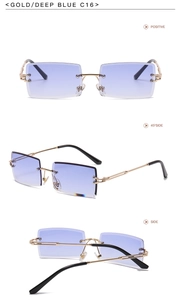 Three-view layout of rimless square sunglasses with gold metal frame and blue gradient lenses