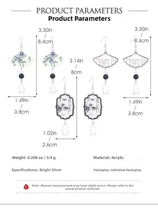 Detailed view of Chinese style fan-shaped acrylic drop earrings with bamboo patterns