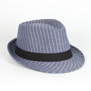 Classic blue and white striped cotton fedora hat with a black decorative ribbon band