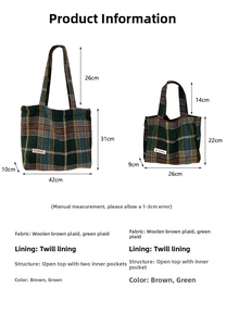 Size chart for large and small plaid wool tote bags showing detailed dimensions