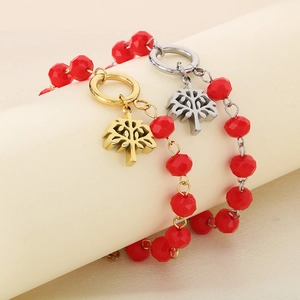 Tree Of Life Pendant Bracelet Red Faceted Crystal Beaded Stainless Steel Fashion Retro Jewelry Women