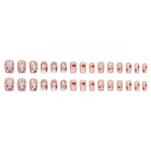 Cat-eye press-on nails with cartoon bunny and red hearts design on a pink base