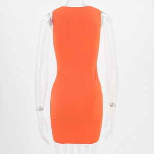 Back view of orange ribbed knit sleeveless dress showing slim fit and bodycon silhouette