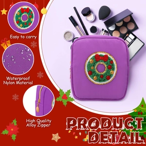 Purple nylon Christmas patch makeup bag with festive wreath embroidery and alloy zipper