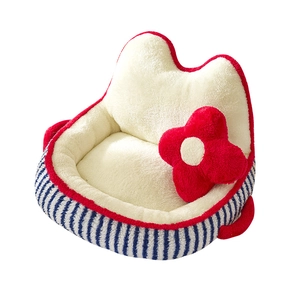 Cute warm plush pet bed with coral fleece and blue striped walls for cats and small dogs