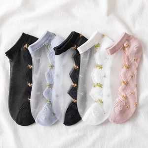 Women Low Cut Socks Sheer Mesh Glass Satin Cotton Bottom Breathable Floral Embroidery Japanese Style Thin Invisible