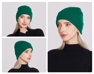 Three-way split view showing emerald green ribbed knit beanie on a model from different angles