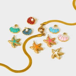 Gold-plated stainless steel snake chain with colorful enamel starfish and shell pendants