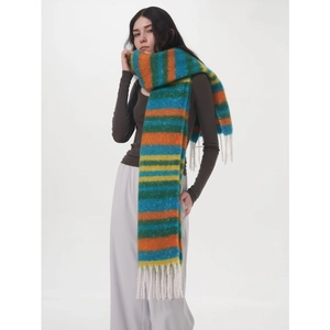 Écharpe Hiver Femme Rayures Colorées Imitation Cachemire Chaude Longue Avec Glands Chic Style Dopamine